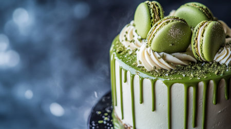 An artistic shot of a matcha drip cake with white chocolate and matcha frosting, decorated with green macarons.の素材
