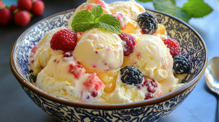 A vibrant bowl of mixed fruit ice cream with fresh berries and mint garnish, melting slightly under the summer sun.の素材