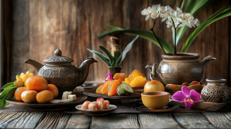 A traditional Thai dessert set with Khanom Look Chup fruits served alongside jasmine tea in a rustic Thai setting.の素材