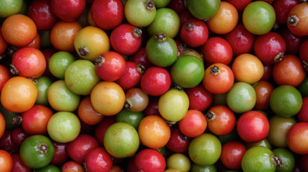 A zoomed-in view of bright red, green, and yellow Khanom Look Chup fruits, highlighting their glossy, candy-like texture.の素材