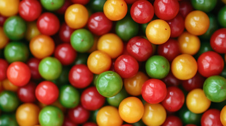 A zoomed-in view of bright red, green, and yellow Khanom Look Chup fruits, highlighting their glossy, candy-like texture.の素材