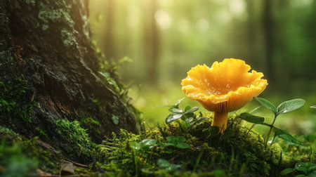 A vibrant yellow chanterelle mushroom growing at the base of a tree, surrounded by green moss and dew-covered foliage.の素材