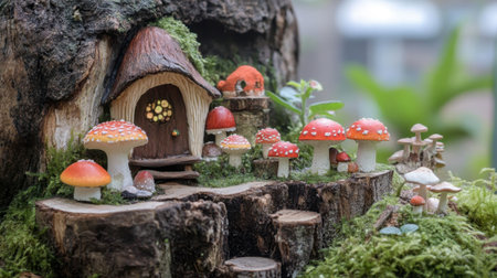 A whimsical scene of small mushrooms growing out of cracks in a tree stump, giving the appearance of a miniature fairy village.の素材