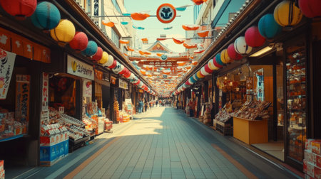 A view of the colorful streets of the Asakusa district in Tokyo, filled with traditional shops and festive lanterns.の素材