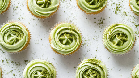 An overhead shot of mini matcha cupcakes, each topped with swirls of cream and dusted with green tea powder.の素材