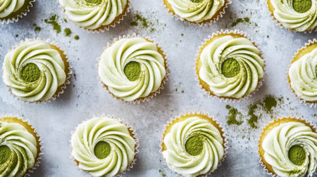 An overhead shot of mini matcha cupcakes, each topped with swirls of cream and dusted with green tea powder.の素材