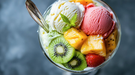 An overhead view of a tropical fruit ice cream sundae, bursting with colors from pineapple, kiwi, and coconut scoops.の素材