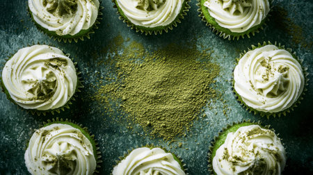 Matcha cupcakes arranged in a circle, each topped with cream cheese frosting and a sprinkle of green tea powder.の素材