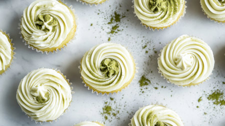 An overhead shot of mini matcha cupcakes, each topped with swirls of cream and dusted with green tea powder.の素材