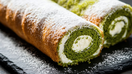 Close-up of a matcha roll cake with smooth cream filling and a light dusting of powdered sugar.の素材