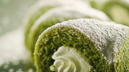 Close-up of a matcha roll cake with smooth cream filling and a light dusting of powdered sugar.の素材