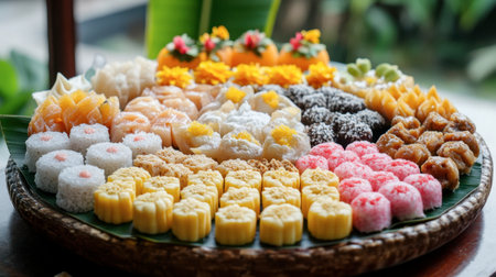 Thai dessert platter with a variety of traditional sweets, with Khanom Look Chup as the centerpiece of the feast.の素材