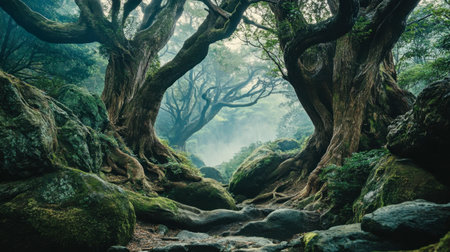 The ancient cedar trees of Yakushima Island, a UNESCO World Heritage site known for its mystical forests.の素材