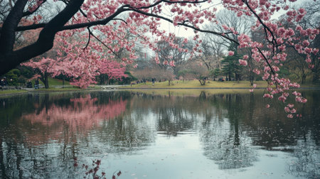 The beautiful Shinjuku Gyoen National Garden in Tokyo, with cherry blossoms reflected in a peaceful pond.の素材