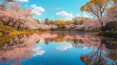 The beautiful Shinjuku Gyoen National Garden in Tokyo, with cherry blossoms reflected in a peaceful pond.の素材