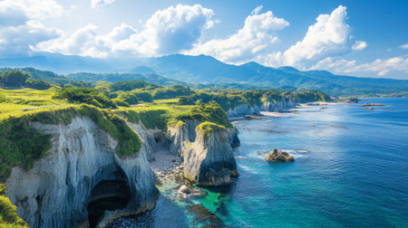 The dramatic coastal scenery of the Noto Peninsula in Ishikawa, with rugged cliffs and stunning ocean views.の素材