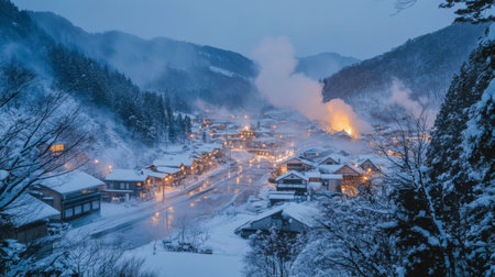 The famous hot spring town of Noboribetsu in Hokkaido, with steam rising from the volcanic Jigokudani Valley.の素材