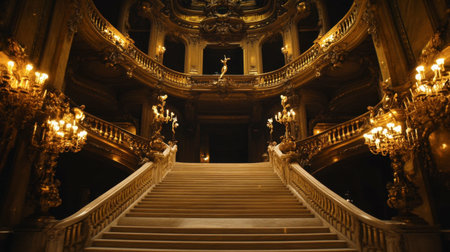 The grand staircase inside the Palais Garnier, with golden railings and marble steps leading to the opera house.の素材