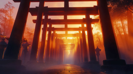 The iconic torii gates of Fushimi Inari Shrine, with soft sunlight filtering through the vermillion gates at sunrise.の素材