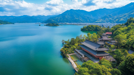 The enchanting Biwa Lake in Shiga Prefecture, Japans largest freshwater lake, surrounded by mountains and temples.の素材