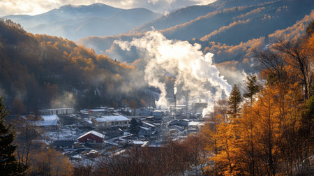 The famous hot spring town of Noboribetsu in Hokkaido, with steam rising from the volcanic Jigokudani Valley.の素材