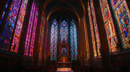 The elaborate stained glass windows of Sainte-Chapelle, casting colorful light onto the chapel's interior.の素材