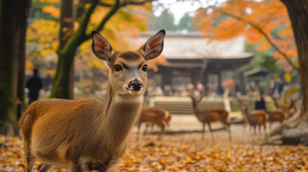 The historic temples of Nara, with deer roaming freely in the park, surrounded by beautiful autumn leaves.の素材