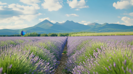 The enchanting lavender fields of Farm Tomita in Hokkaido, with a backdrop of mountains and blue skies.の素材