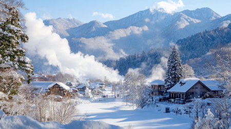 The famous hot spring town of Noboribetsu in Hokkaido, with steam rising from the volcanic Jigokudani Valley.の素材