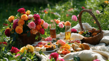 A beautiful outdoor picnic scene featuring multicolored roses, delicious food, and soft blankets, ideal for a romantic day out.の素材