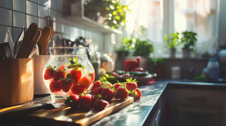 A bright and airy kitchen scene featuring a chef preparing strawberry-infused water, showcasing fresh ingredients and a healthy lifestyle.の素材