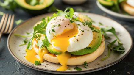 A beautifully plated gourmet eggs Benedict with perfectly poached eggs, avocado, and hollandaise sauce on an English muffin, garnished with fresh herbs.の素材
