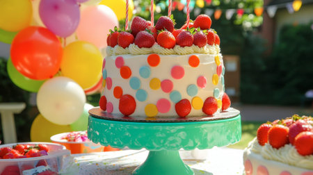 A bright and colorful birthday cake decorated with fresh strawberries, set on a table adorned with balloons and party decorations.の素材