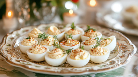 A charming brunch setting featuring deviled eggs garnished with paprika and herbs, displayed on a vintage serving platter.の素材
