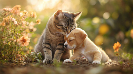 A cat grooming a puppy fur, capturing a tender moment of affection between the two pets.の素材