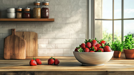 A charming kitchen scene with a bowl of strawberries and a wooden cutting board, where a chef is preparing a fresh strawberry salad.の素材
