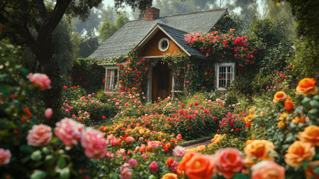 A charming cottage surrounded by a garden of multicolored roses, highlighting the beauty of nature and home together.の素材