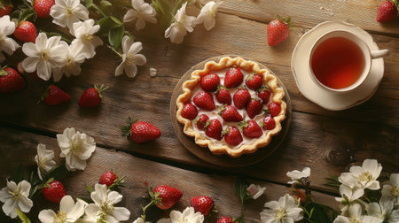 A charming rustic wooden table adorned with strawberry tarts, fresh flowers, and a cup of tea, creating a warm and inviting atmosphere.の素材