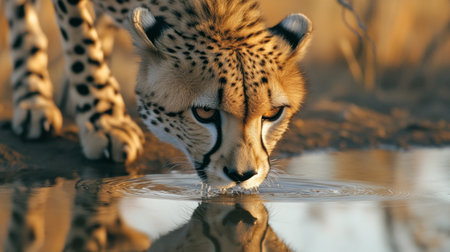 A cheetah drinking water from a small waterhole, reflecting its graceful movements and thirst in the hot savanna.の素材