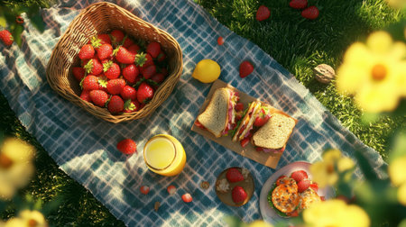 A cheerful picnic setting with a blanket spread out, featuring a basket filled with fresh strawberries, sandwiches, and lemonade for a delightful outing.の素材
