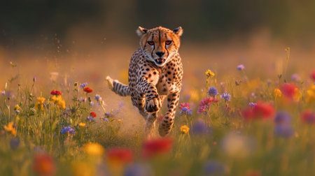 A cheetah sprinting through a field of wildflowers, capturing the beauty of nature and the elegance of the animal.の素材