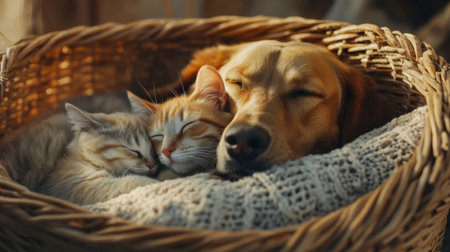 A close-up of a dog and cat napping together in a basket, showcasing their bond and the comfort of companionship.の素材