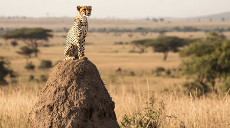 A cheetah perched on a termite mound, surveying its surroundings, with the vast African landscape stretching out behind it.の素材