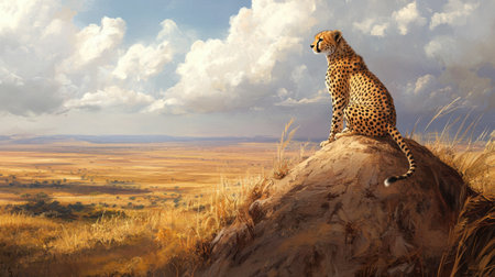 A cheetah perched on a termite mound, surveying its surroundings, with the vast African landscape stretching out behind it.の素材