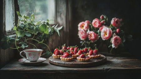 A charming rustic wooden table adorned with strawberry tarts, fresh flowers, and a cup of tea, creating a warm and inviting atmosphere.の素材
