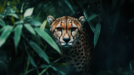 A cheetah emerging from the shadows of a bush, ready to hunt, showcasing its stealth and agility in the wild.の素材