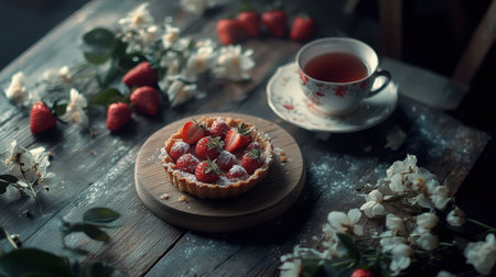 A charming rustic wooden table adorned with strawberry tarts, fresh flowers, and a cup of tea, creating a warm and inviting atmosphere.の素材