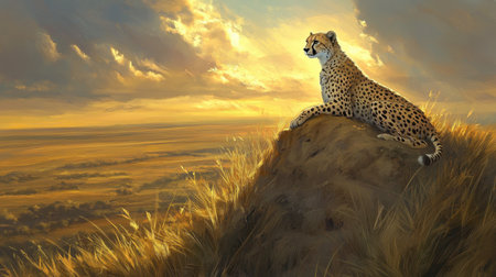 A cheetah resting atop a grassy mound, gazing out over the vast savanna with its signature spots glowing in the sun.の素材