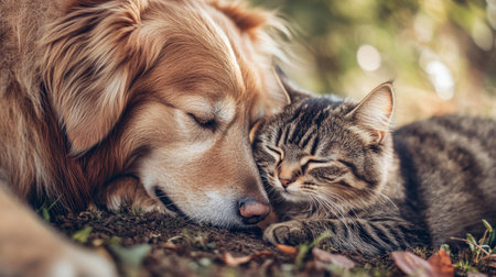 A close-up of a dog and cat sharing a gentle nuzzle, showcasing their friendship and affection for each other.の素材