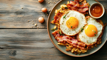 A classic breakfast plate featuring sunny-side-up eggs, crispy bacon, and hash browns, set against a rustic wooden background.の素材